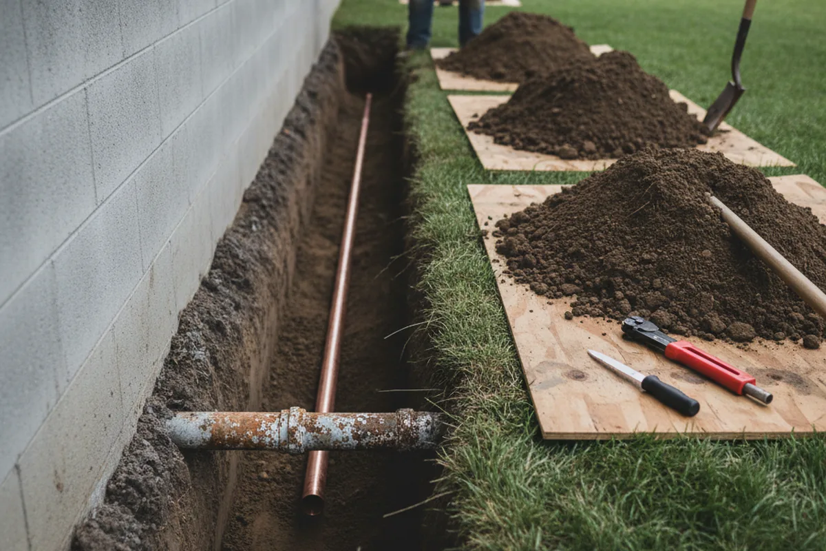 Excavated water line trench during Water Softener Installation in Crater Lake